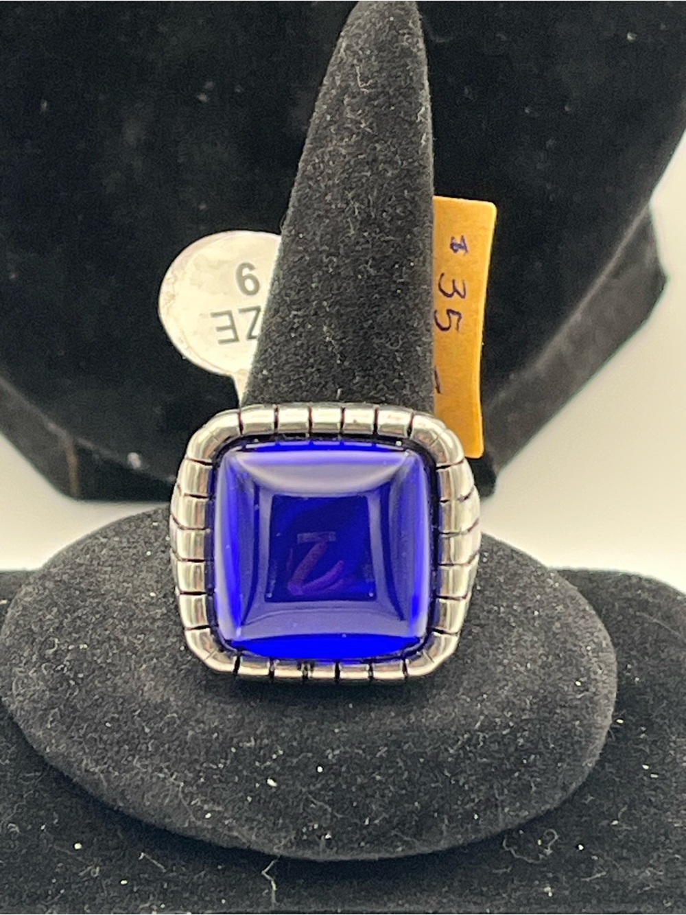Stainless Steel, sz9, Cobalt Square Glass Men's Statement Ring